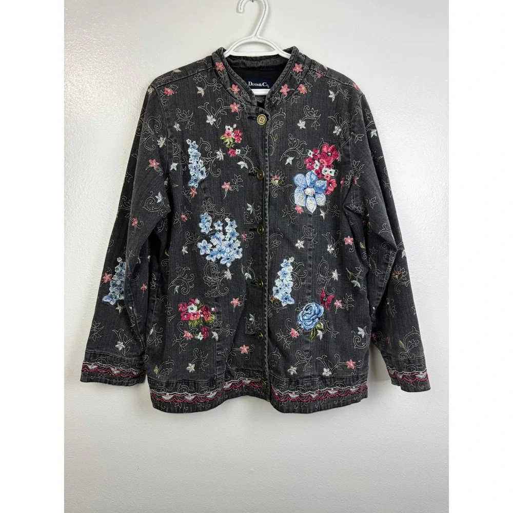 Denim & Co Floral Embroidered Denim Chore Coat Jacket Black Size Large - Picture 2 of 9
